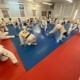 A group of people in white and blue uniforms practicing martial arts.