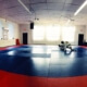 A wrestling mat in an indoor gym with two people on it.