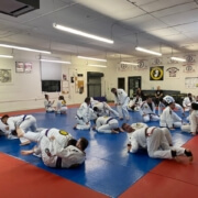 A group of people in a room with some on mats