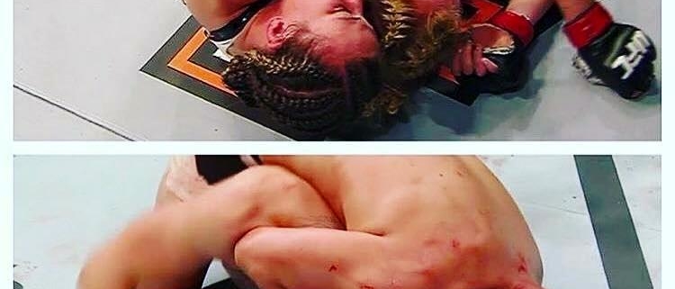 Two pictures of a man wrestling on the ground.