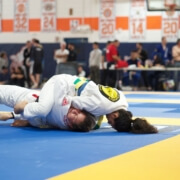 A person is wrestling on the ground in an arena.