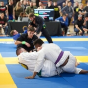 A man in white shirt and blue shorts wrestling on ground.