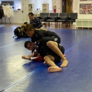 A group of people practicing martial arts on the floor.