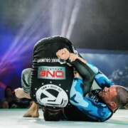 A man in blue shirt doing a back kick.